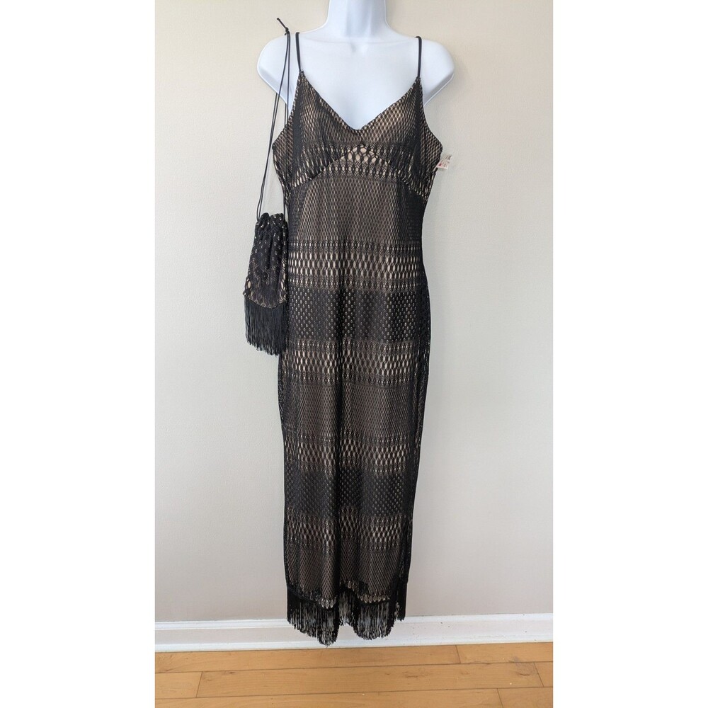 Vtg Y2K Fredericks of Hollywood Maxi Dress XL Crochet Fringe Babydoll Black Nude